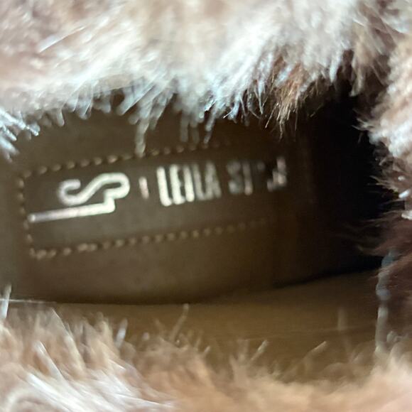 Leila Stone Faux Fur Heel Boots 6.5 Lace Up Brown Beige Ankle Booties Glam - Picture 5 of 6